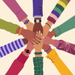 © Olena - Group of different multiracial hands putting together. Concept of teamwork, social movement, partnership, cooperation. Hand drawn vector illustration isolated on light background, flat cartoon style.