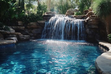 Wall Mural - Tranquil waterfall cascading into a serene pool surrounded by lush greenery in a natural setting