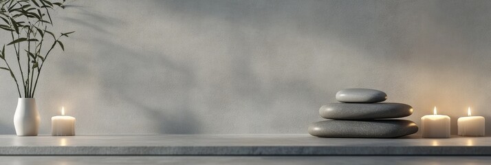 Poster - Relaxing spa environment with smooth massage stones and lit candles for a calming experience. Generative AI