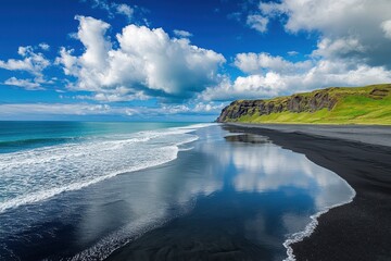 Wall Mural - Expansive coastline with black sand, vibrant cliffs, and clear blue skies capturing a serene moment in nature