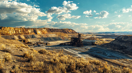 Abandoned industrial site in arid landscape with dramatic sky