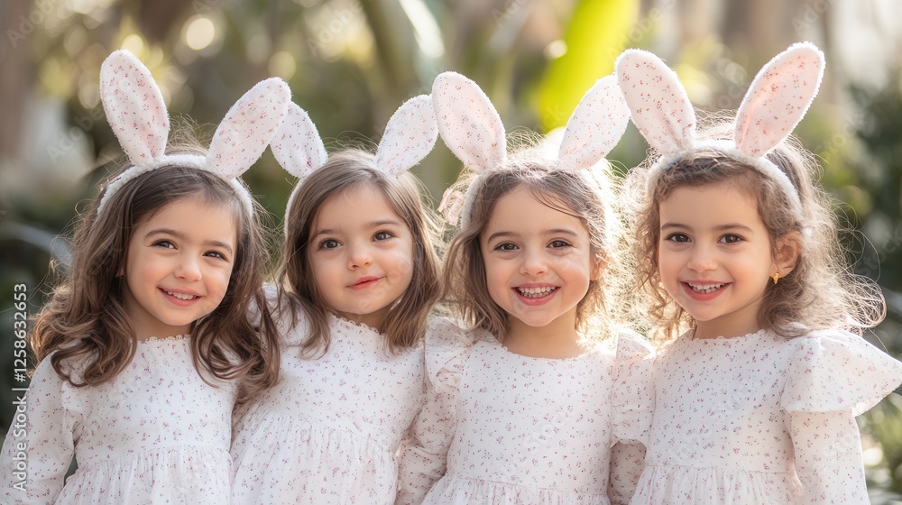 Three young girls in white dresses and bunny ears smile joyfully for a ...