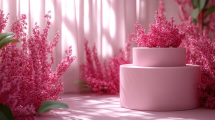 Wall Mural - Pink floral display stand, soft light