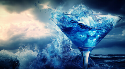 Wall Mural - A martini glass filled with an oceanic storm, where a towering blue tsunami wave rises dramatically over the rim