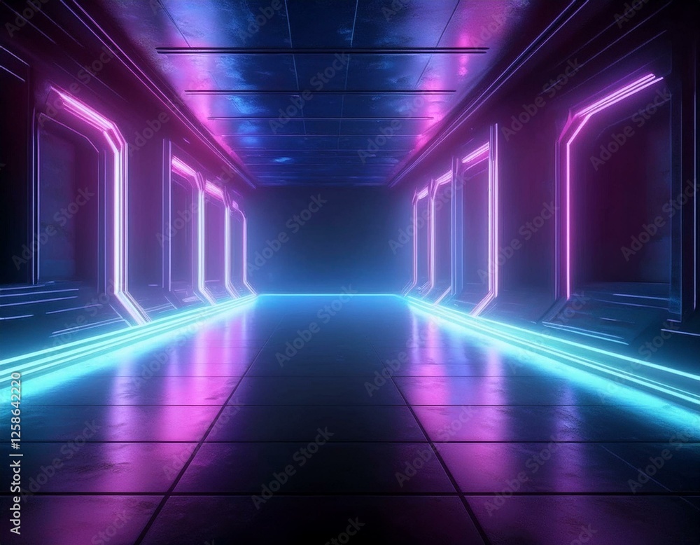 3d rendering of spaceship corridor neon glowing blue purple background ...