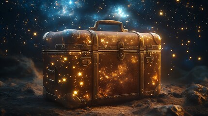 retro brown suitcase surrounded by twinkling magical stars