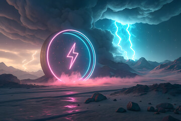 Wall Mural - Abstract background, cosmic landscape, round portal, pink blue neon light, virtual reality, energy source. 3d rendering. Abstract landscape background with glowing neon bolt symbol, stormy clouds