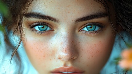 Portrait of a young woman with striking blue eyes and freckles captured in natural light among soft foliage during the day