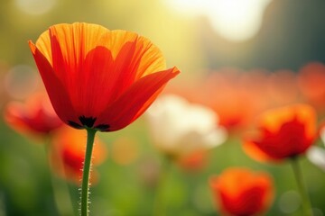 Wall Mural - Vibrant red, orange, & white poppies bloom in spring sun , scene, peaceful