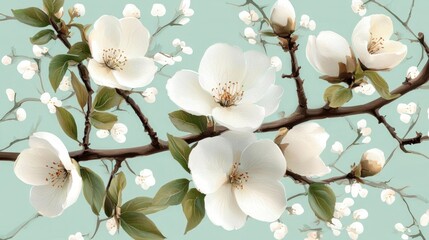 Canvas Print - White Blossoms on Branches Against a Light Green Background