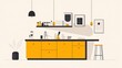 © lestari - Modern yellow kitchen interior with hanging shelves, art and a bar stool. Use for interior design magazines, furniture catalogs, or websites