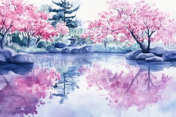 Aufkleber - Serene cherry blossom reflection over tranquil pond in a peaceful garden setting during springtime. Generative AI