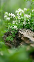 Wall Mural - White Flowers Blooming on Old Log in Lush Green Forest