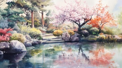 Aufkleber - Serene garden landscape featuring cherry blossoms and tranquil pond in a peaceful setting. Generative AI
