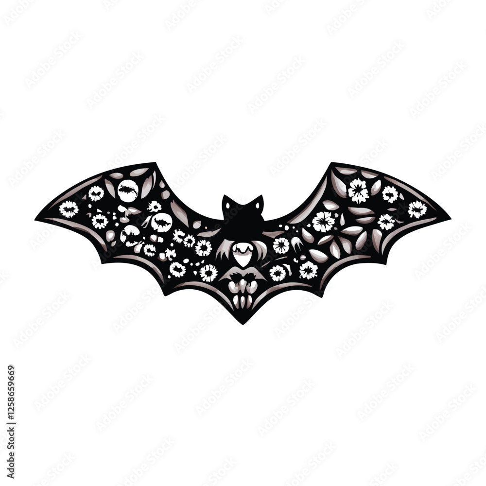 Design a stylized bat illustration featuring intricate, small skull ...