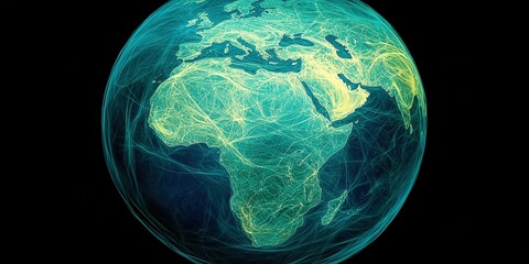 Wall Mural - Visual representation of African connectivity and data networks illustrating global interactions in a vibrant, glowing display