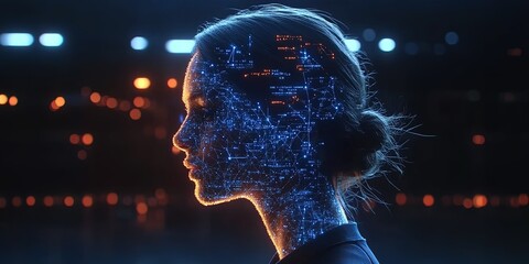 Wall Mural - digital representation of a woman's profile with glowing circuit patterns in a futuristic setting