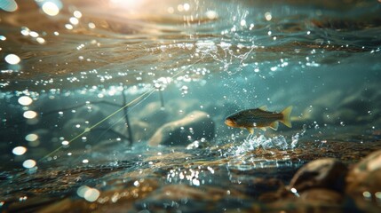 Poster - A trout swims gracefully through a clear, sparkling river, creating ripples as sunlight filters through the water, illuminating stones and aquatic life below.