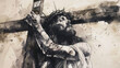 © Mia - Watercolor painting of Jesus Christ carrying the cross with delicate beige shading and soft brush strokes