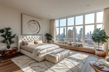 Wall Mural - Modern bedroom with a plush bed, large windows showing a city skyline, and stylish decor