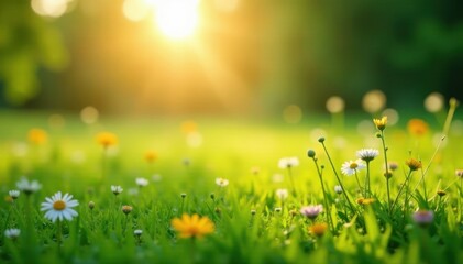 Wall Mural - sun-drenched meadow, vibrant green grass, wildflowers, calm, green