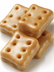 Sticker - Stack of square, caramel-colored candies, each featuring six evenly spaced holes, resting on a white surface.