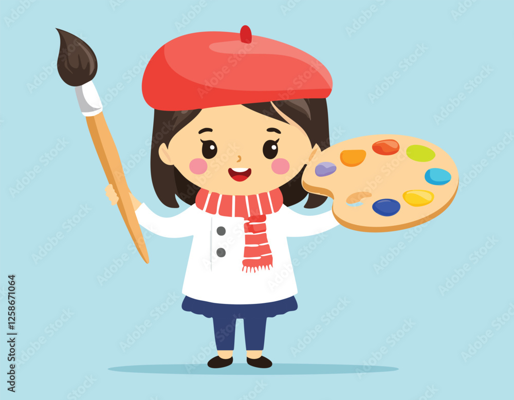 A cute girl cartoon artist with color palette simple flat design vector ...