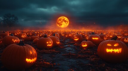 a creepy pumpkin patch at midnight illuminated by an enormous glowing pumpkin moon