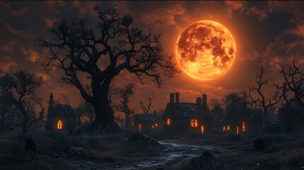 An abandoned village with eerie lights and twisted trees under a haunting orange moon