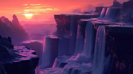 Canvas Print - Sunset over Majestic Waterfalls in a Fantasy Landscape