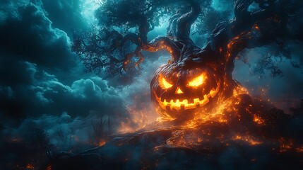 Wall Mural - a twisted tree with glowing jack o lantern faces carved into its bark under a spooky moon