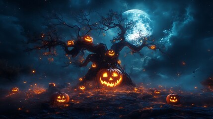 a twisted tree with glowing jack o lantern faces carved into its bark under a spooky moon