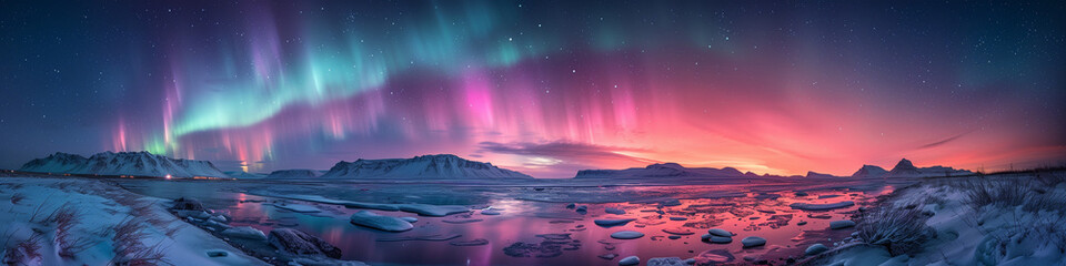 panoramic northern lights icy landscape vibrant aurora sky stunning nature night scenery