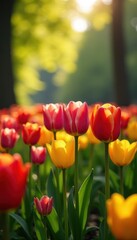 Poster - Toddler exploring vibrant tulip garden Spring sunlight illuminates colorful blooms , colorful, landscape