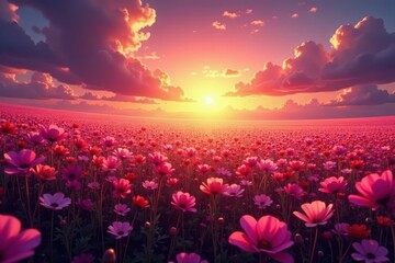 Wall Mural - Vast cosmos field, sunset hues, vibrant petals, idyllic, image