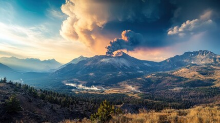 Canvas Print - Majestic Mountain Landscape with Volcanic Eruption at Sunset