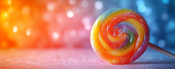 Colorful rainbow lollipop against vibrant bokeh background