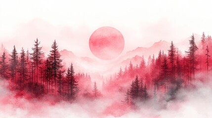 Wall Mural - Red Misty Mountain Forest Sunrise