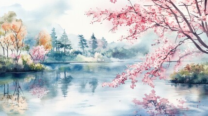 Poster - Tranquil watercolor landscape with cherry blossoms reflecting in serene lake during springtime. Generative AI