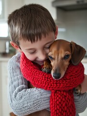 Poster - Boy hugging his dog wrapped in a red scarf. AI.