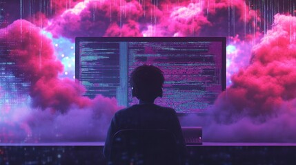 Coder working late at night, surrounded by digital clouds and code.