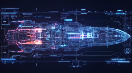 Poster - Futuristic Spaceship Blueprint: A Digital Hologram of a High-Tech Vessel