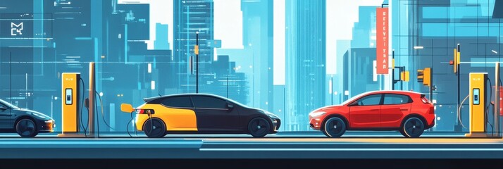 Leinwandbilder - Urban electric vehicle charging station on a bustling street with cars charging during daytime. Generative AI