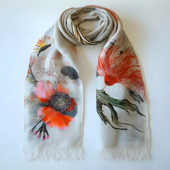 Elegant floral silk scarf, bird and flower print, light grey background, studio shot, fashion accessory