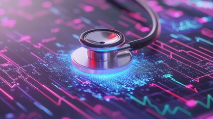 Poster - A stethoscope and digital health chart concepts. Digital stethoscope on a vibrant background of health data and analytics.