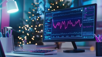 Poster - A stethoscope and digital health chart concepts. Modern workspace with a computer displaying data analysis beside a decorated Christmas tree.