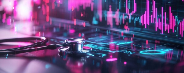 Poster - A stethoscope and digital health chart concepts. Futuristic healthcare technology with a stethoscope and digital data visualization.