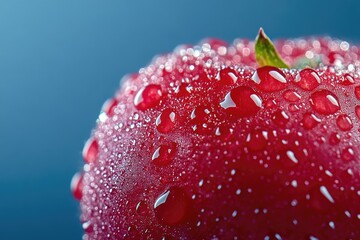 Close-up of a red fruit covered in water droplets, showcasing vibrant color and texture.