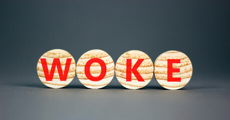 Woke question symbol. Concept word Woke question on beautiful wooden circles. Beautiful grey table grey background. Business, lifestyle, support and woke question concept. Copy space.