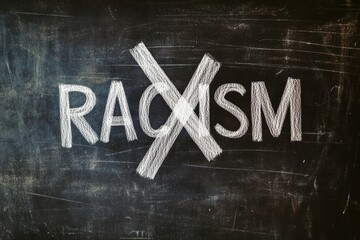 Powerful Message Against Racism Written in Bold White Chalk on a Black Chalkboard Signifying Unity and Social Justice Advocacy Perfect for Awareness Campaigns and Educational Purposes